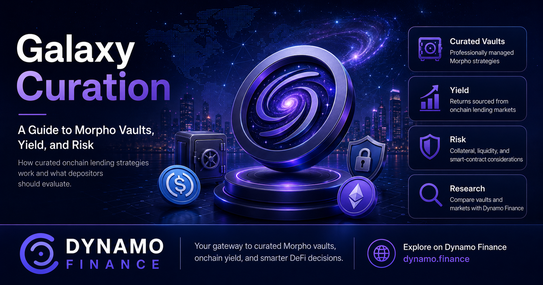 Explore Galaxy Curation, its Morpho vaults, yield sources, and risks. Compare onchain opportunities with Dynamo Finance today.