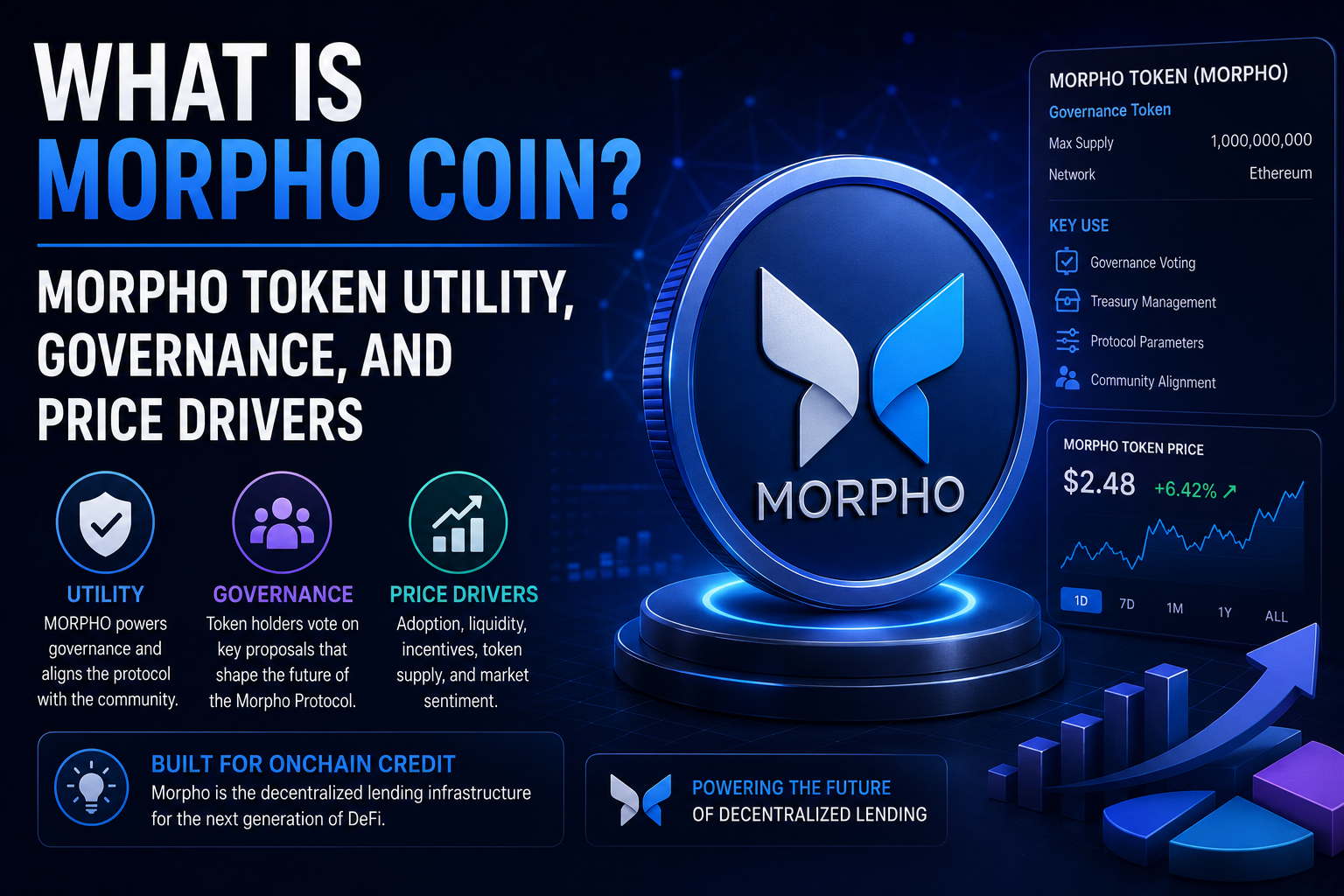Learn about the Morpho coin utility, governance, MORPHO price drivers, risks, and how Dynamo Finance helps users explore Morpho lending.