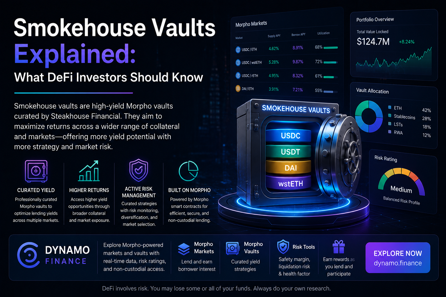 Learn about the vaults Smokehouse curates, Smokehouse vault risks, Morpho lending, and how to compare DeFi vaults with Dynamo Finance.
